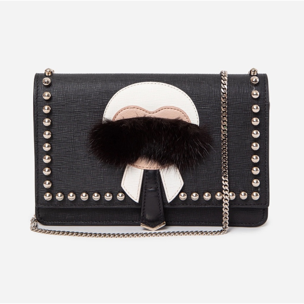 Fendi Black Vitello Elite Mink Fur Studded Karlito Tube Wallet on Chain